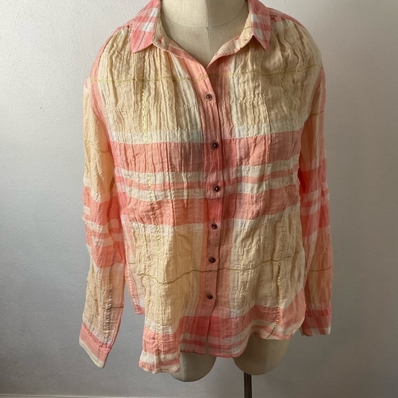 ANTHROPOLOGIE Holding Horses Gailen Peach Plaid Shirt Sz 6 - Picture 2 of 6